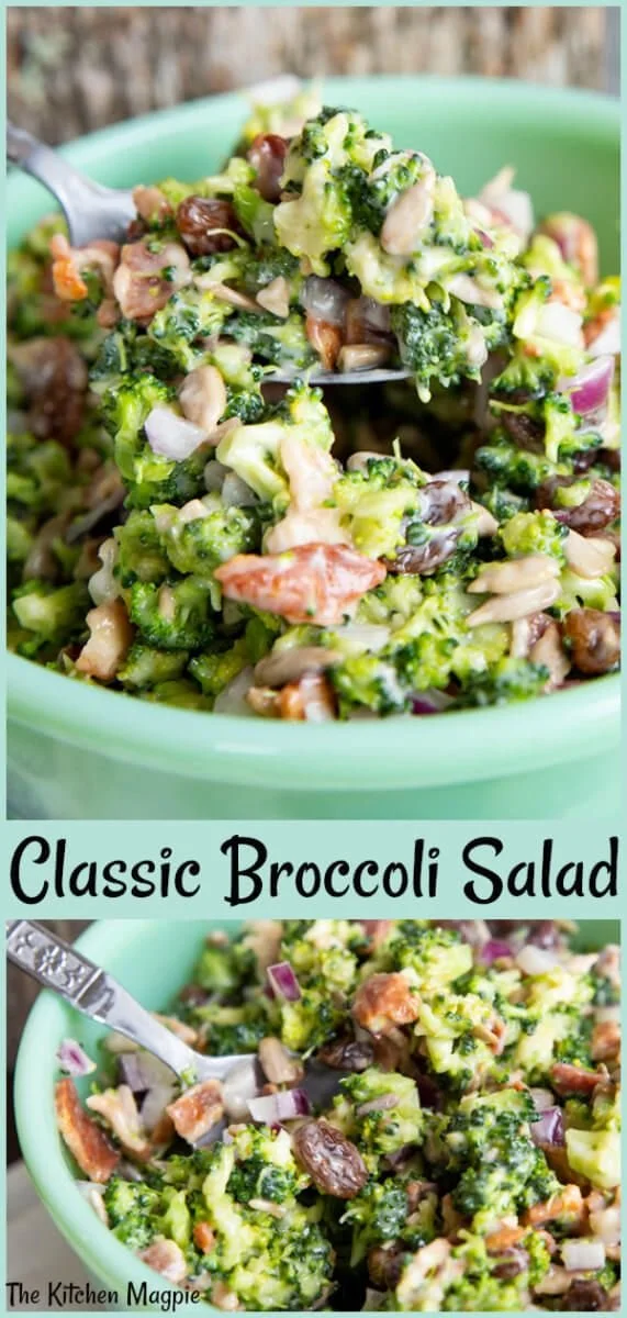 A bowl of classic bacon broccoli salad with raisins and a tangy dressing