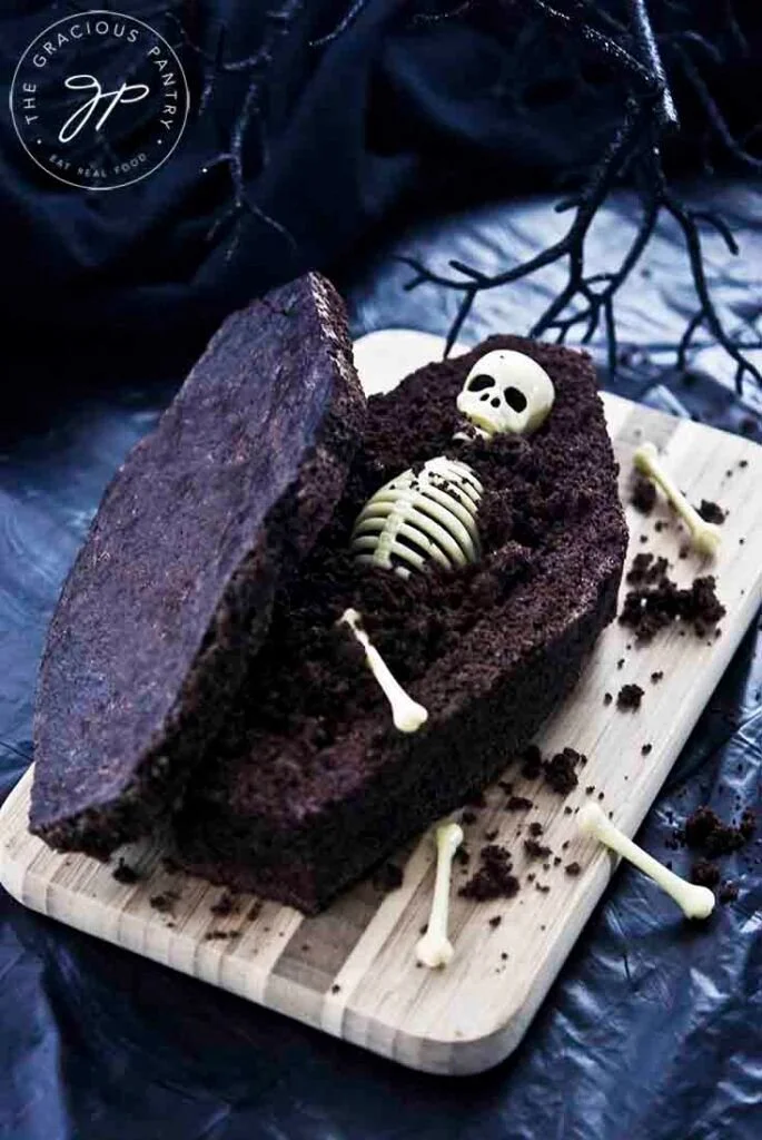 Clean eating grain free chocolate coffin bread baked in a rustic loaf pan