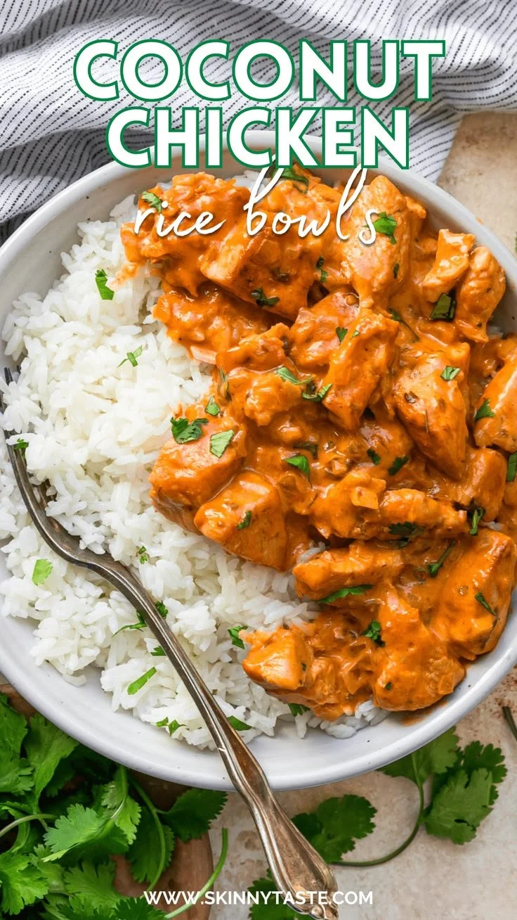 Delicious Coconut Chicken Rice Bowl with vibrant toppings and savory chicken