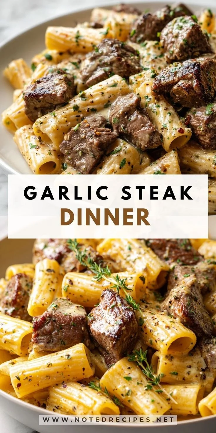 Creamy garlic butter steak pasta served in a bowl with fresh herbs.