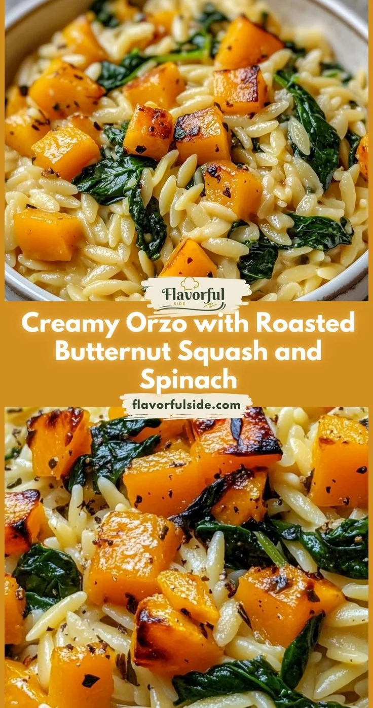 Creamy orzo dish featuring roasted butternut squash and fresh spinach