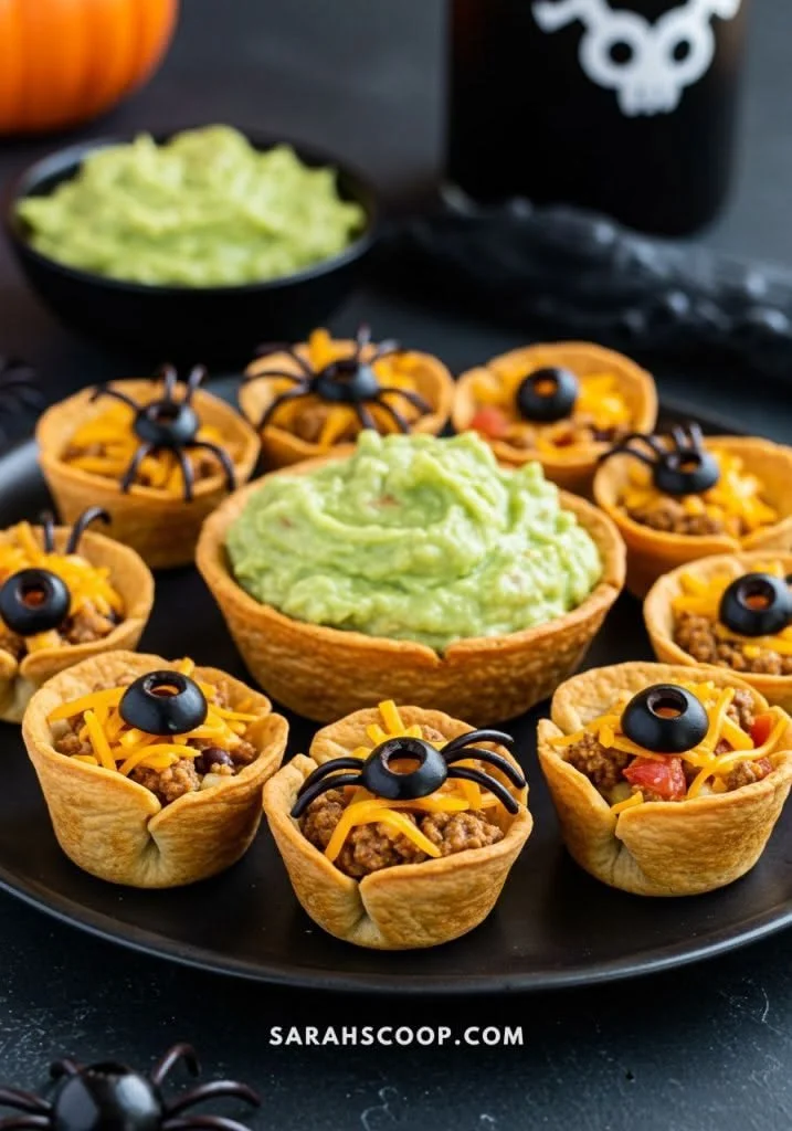 Creepy crawly taco cups for Halloween party food decoration