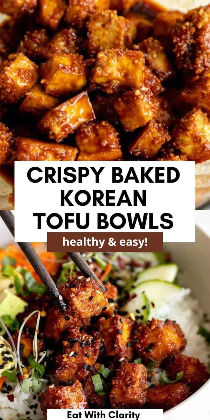 Plate of crispy gochujang tofu garnished with herbs