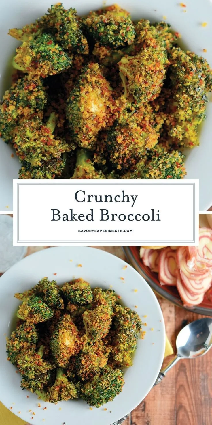 Crunchy baked broccoli fresh out of the oven, garnished and ready to serve.
