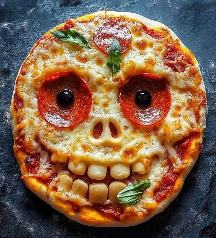 Colorful crazy face pizza designed for kids, showcasing cursed meal creativity.
