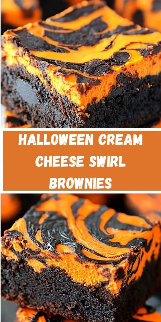 Delicious Halloween brownies with cream cheese swirl on a festive plate