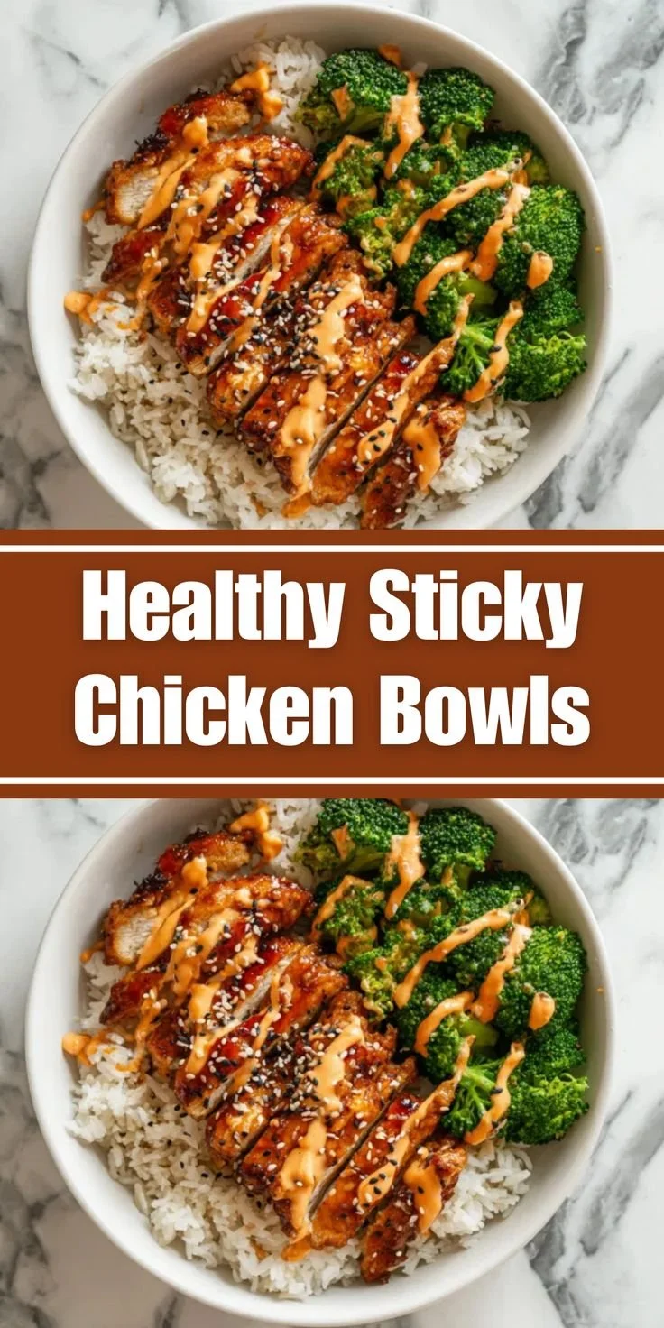 Healthy sticky chicken bowls with fresh vegetables and rice in a bowl