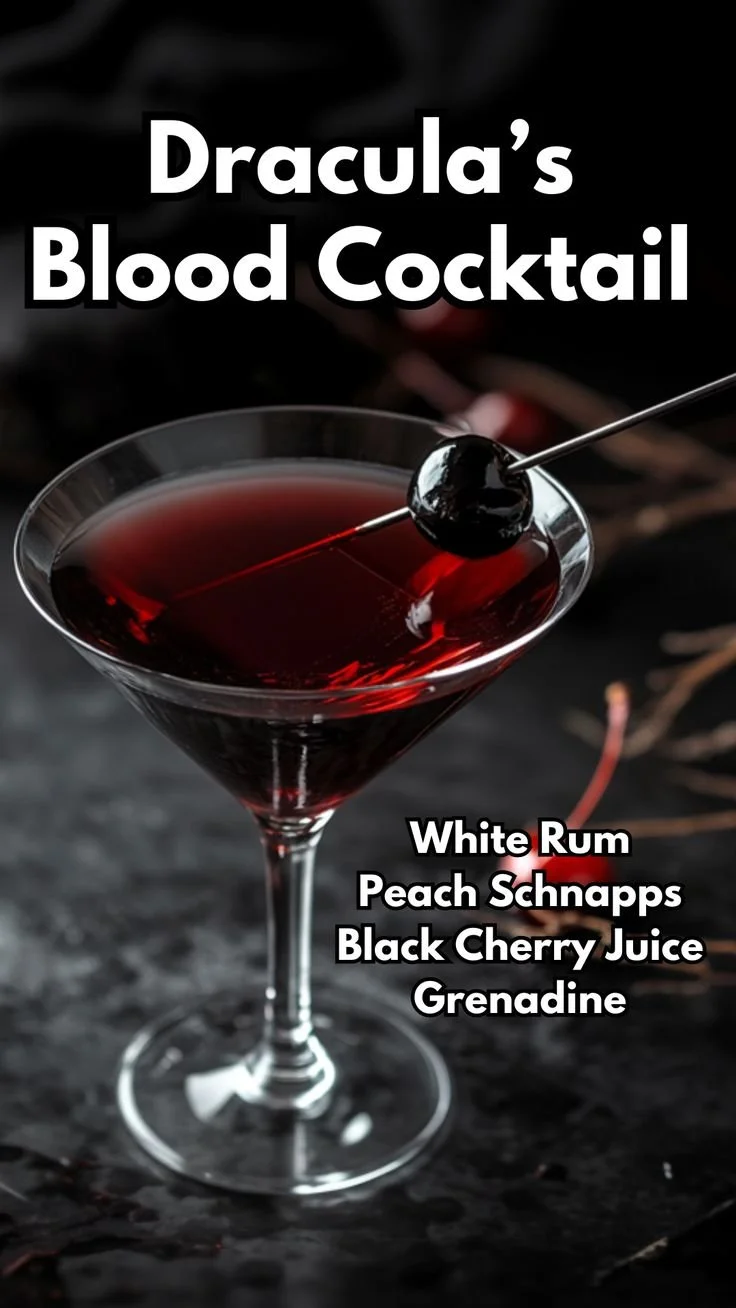 Dracula's Blood Cocktail served in a spooky goblet with garnishes