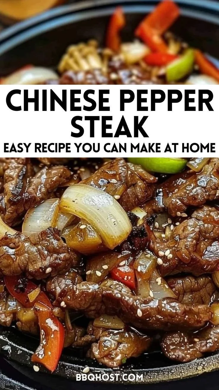 Delicious homemade Chinese pepper steak served with vegetables and rice.