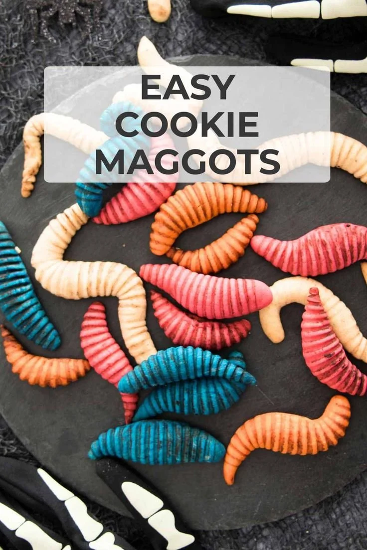 Colorful cookie maggots created with easy dough recipe for spooky treats
