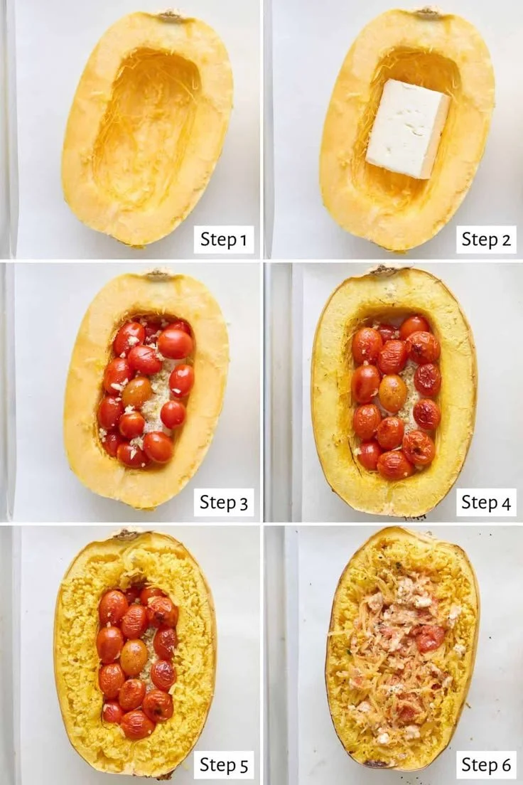 Delicious feta spaghetti squash dish with fresh toppings and herbs