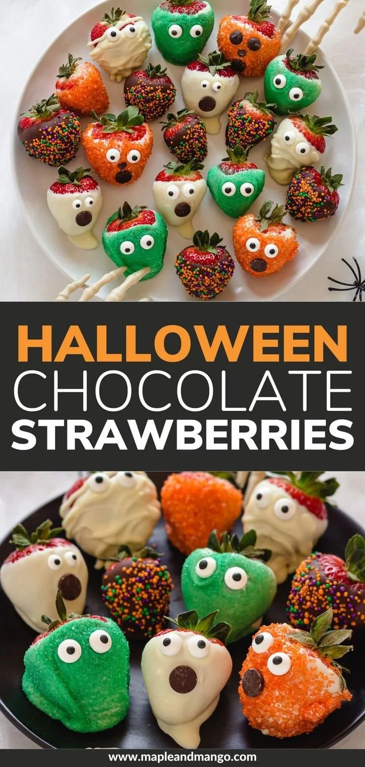 Easy Halloween chocolate covered strawberries decorated for a festive celebration
