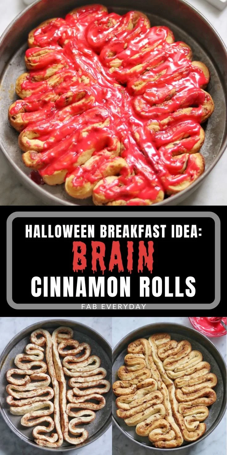 Easy Halloween cinnamon rolls shaped like spooky brains for festive treats