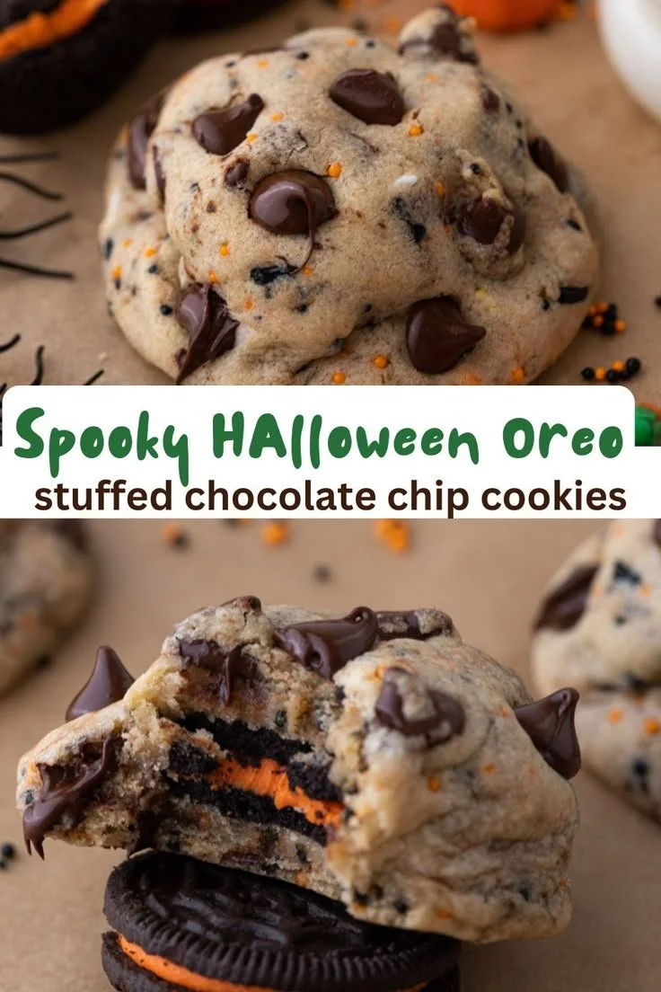 Halloween Oreo stuffed chocolate chip cookies on a spooky-themed plate