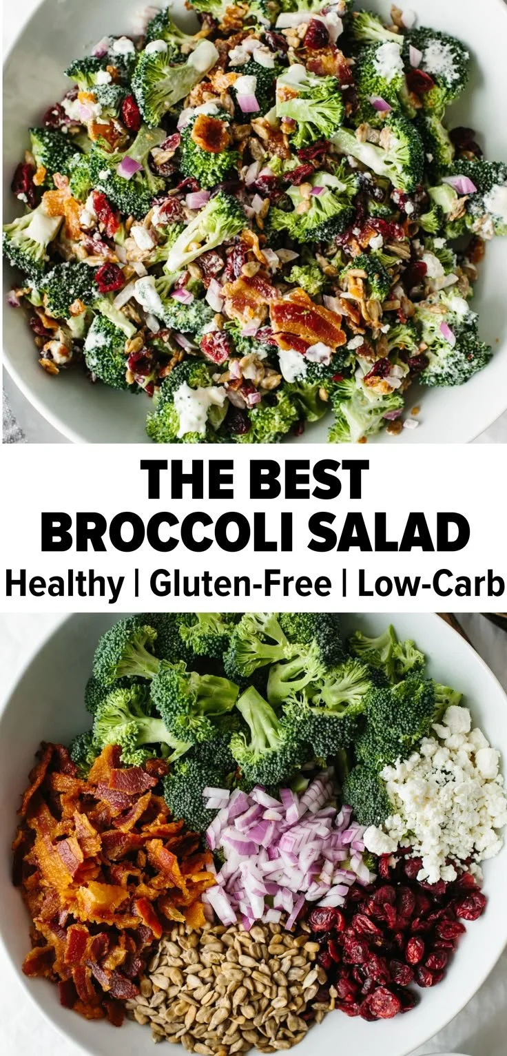 Healthy broccoli salad with fresh ingredients and dressing