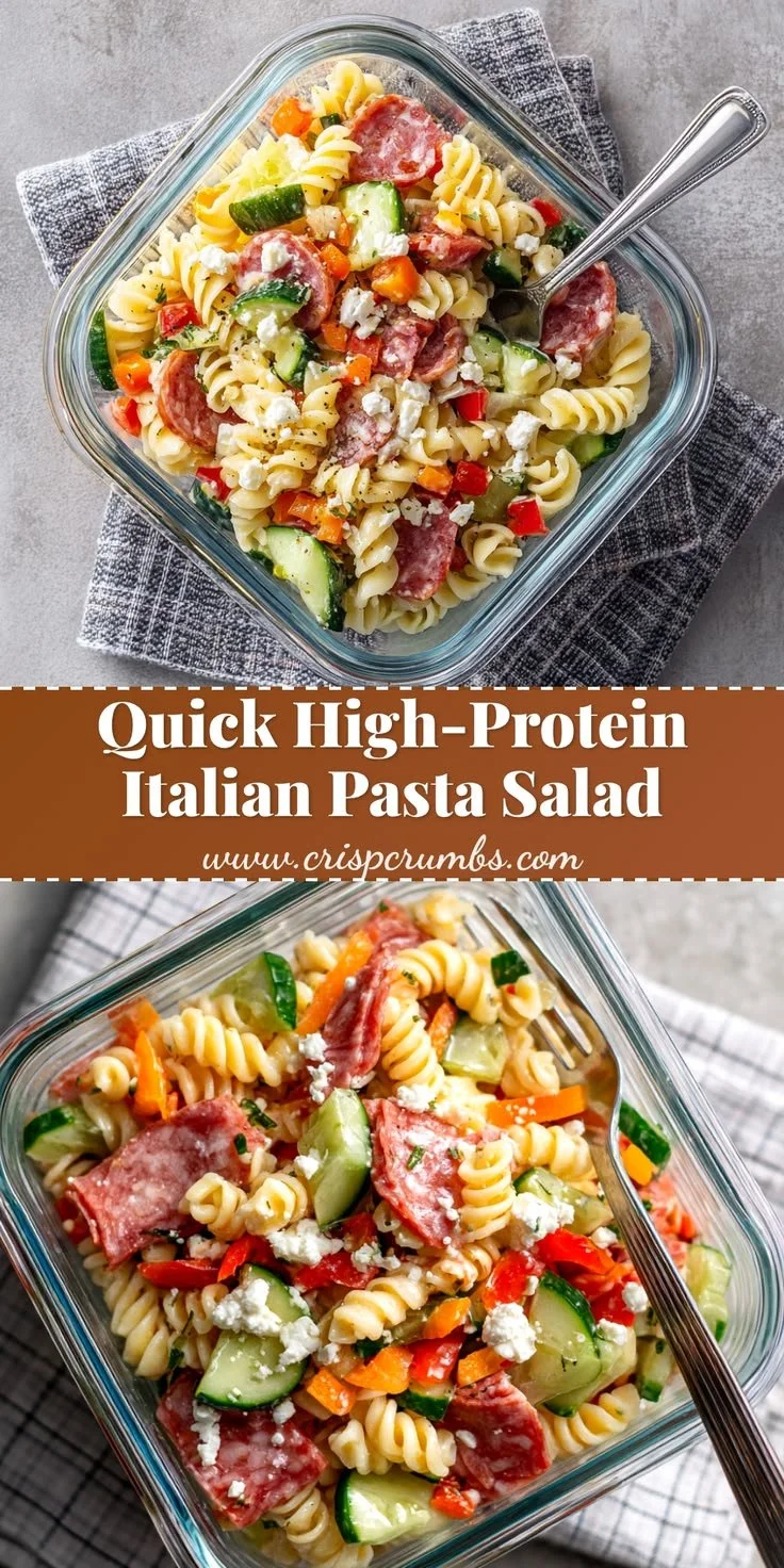 High-protein Italian pasta salad in a bowl, perfect for meal prep.