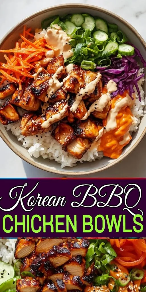 Delicious Korean BBQ chicken rice bowl garnished with vegetables and sesame seeds