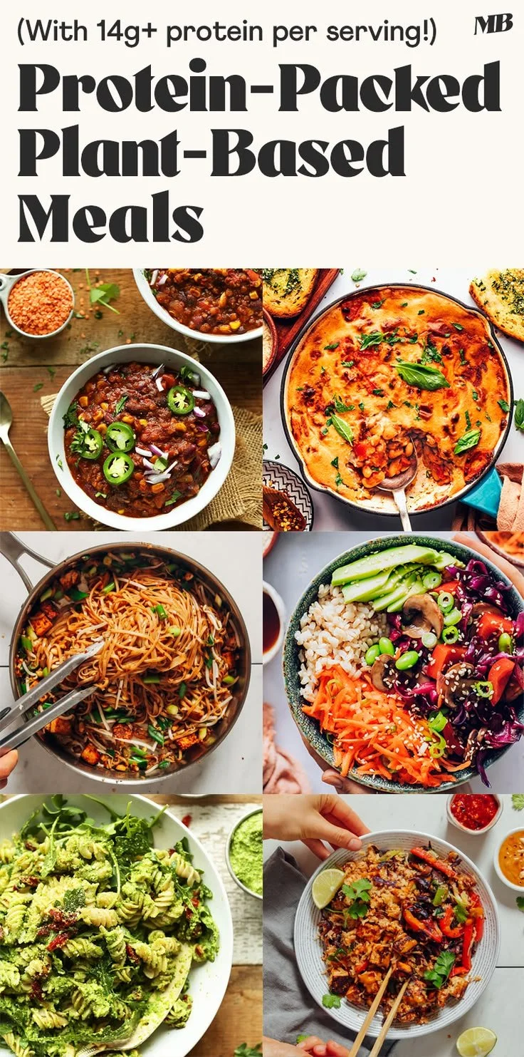 A colorful plate of easy protein-packed plant-based meals with fresh vegetables and grains