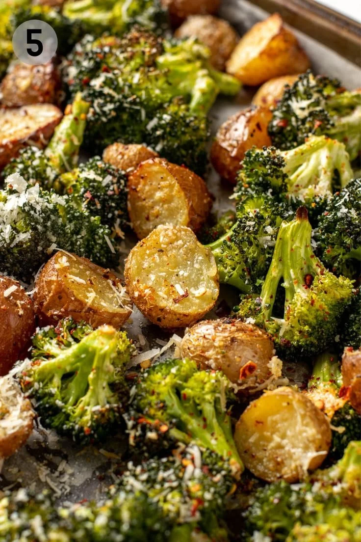 Easy roasted potatoes and broccoli dish served on a plate