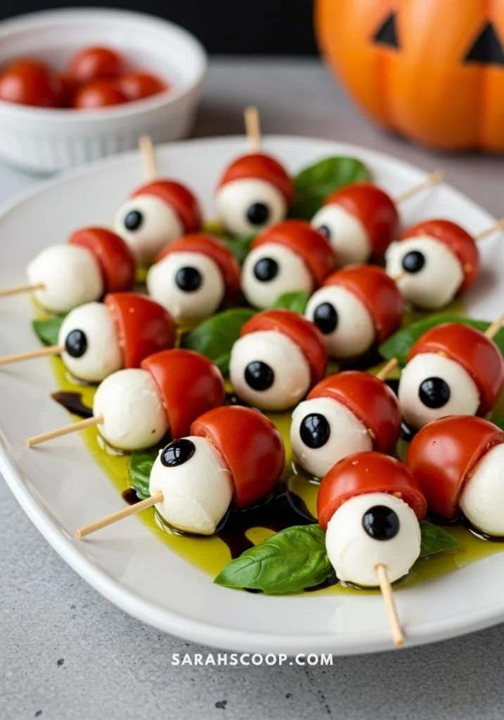 Eyeball Caprese Bites decorated as creepy Halloween snacks.