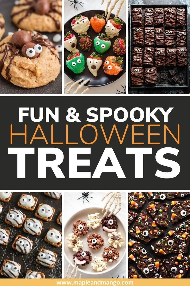 Plate of fun and spooky Halloween treats including cookies and candies.