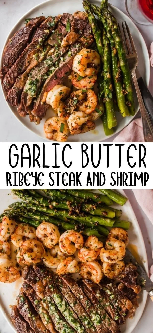 Delicious Garlic Butter Ribeye Steak and Shrimp plated elegantly