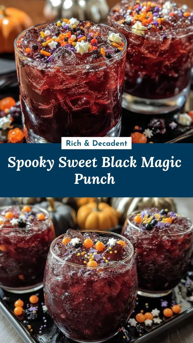Halloween Black Magic Punch served in a cauldron with spooky decorations