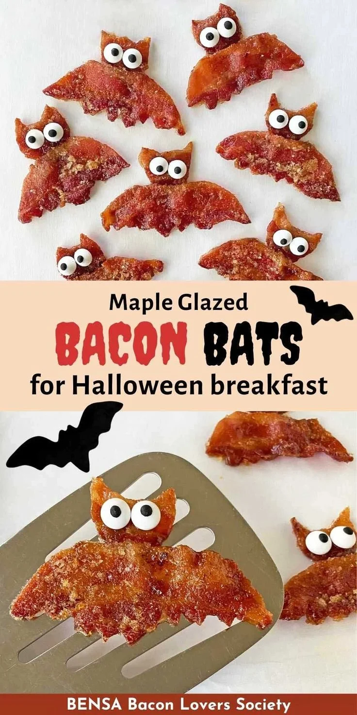 Halloween-themed breakfast with creative bacon bat shapes