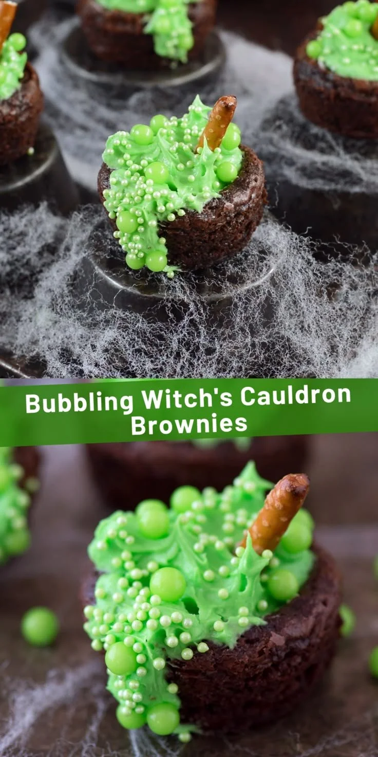 Halloween Witch's Cauldron Brownies with bubbling frosting and spooky decorations