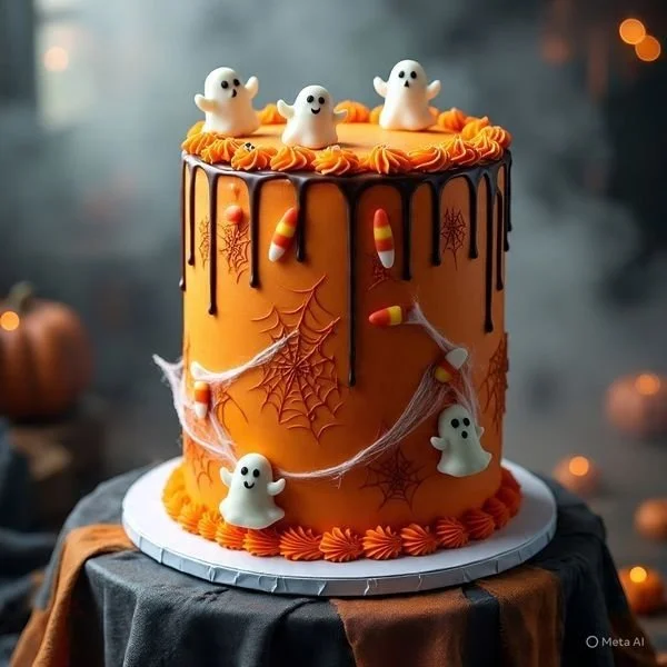 Halloween cake decorated with candy corn for festive celebrations