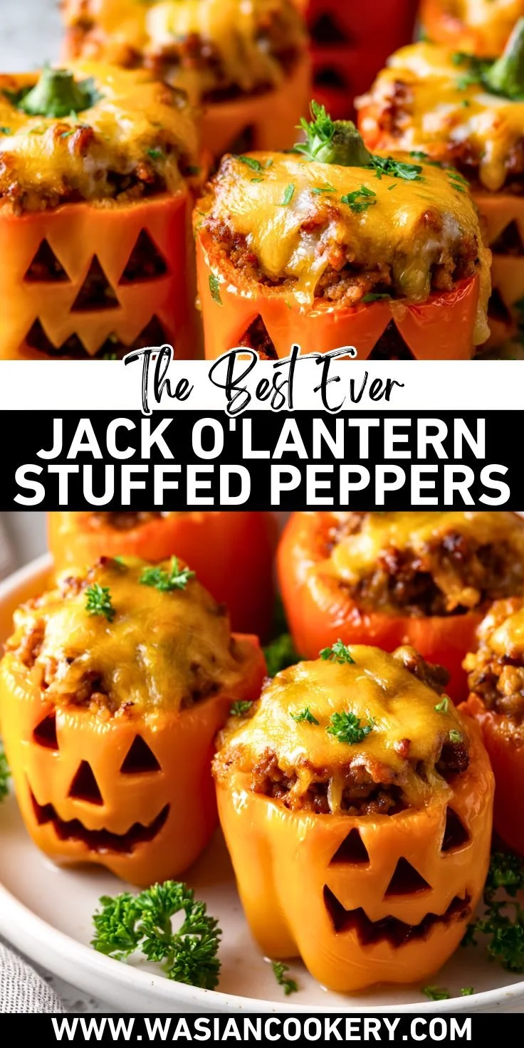Halloween Jack-O'-Lantern stuffed peppers dish decorated for festive dining