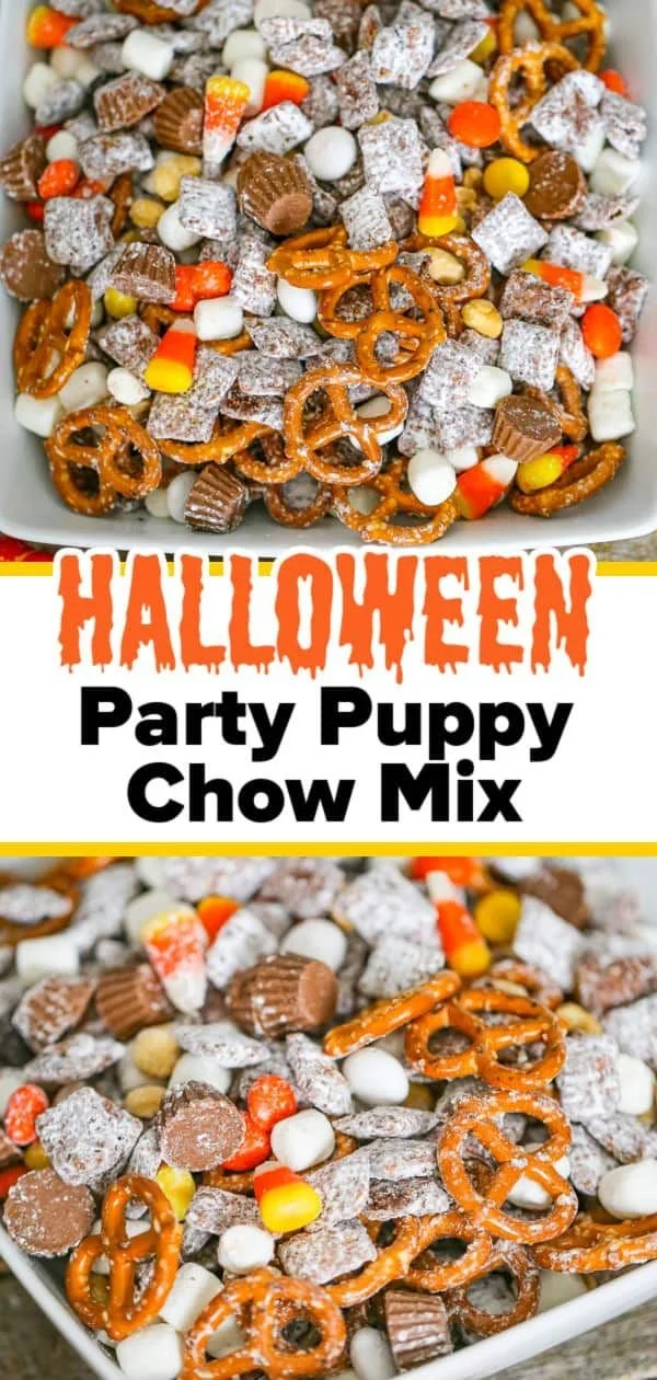 Colorful Halloween-themed Puppy Chow in a festive bowl