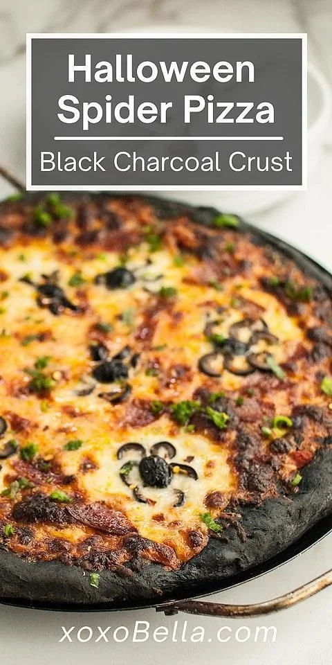 Halloween pizza with a spooky black crust ready for a festive celebration