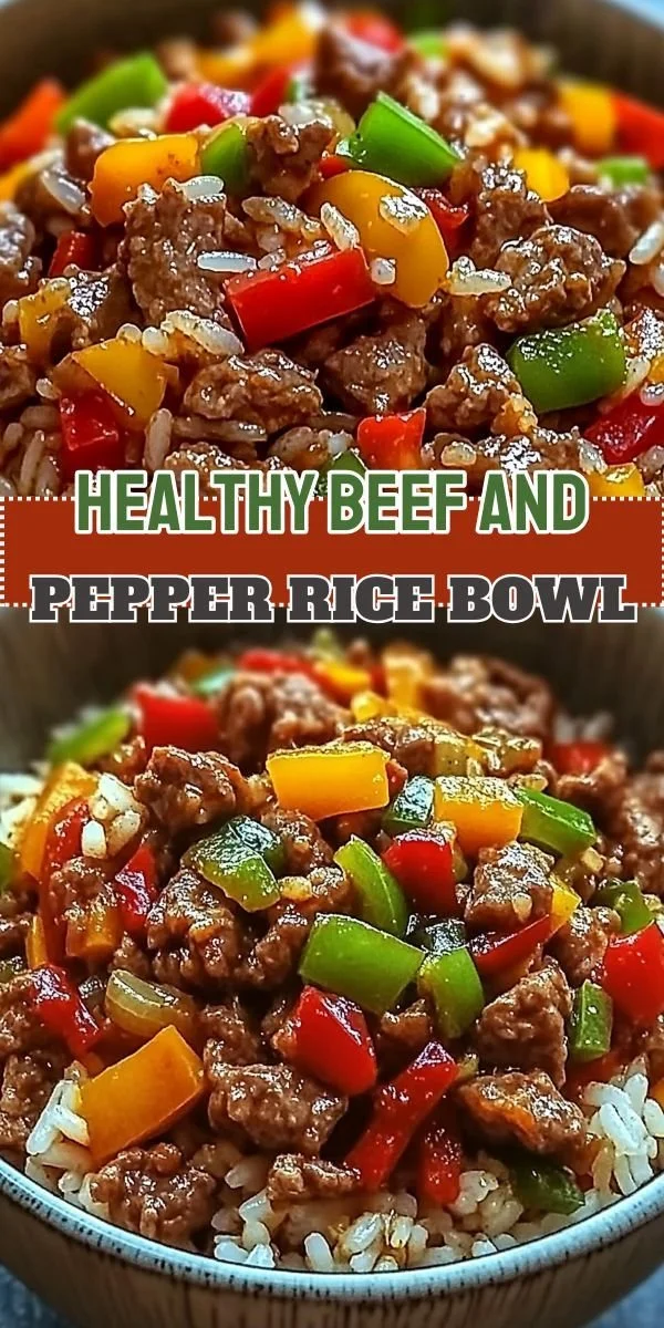 Healthy beef and pepper rice bowl with colorful vegetables and rice