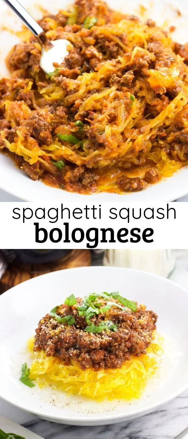 Hearty spaghetti squash bolognese served in a bowl with fresh herbs and toppings.