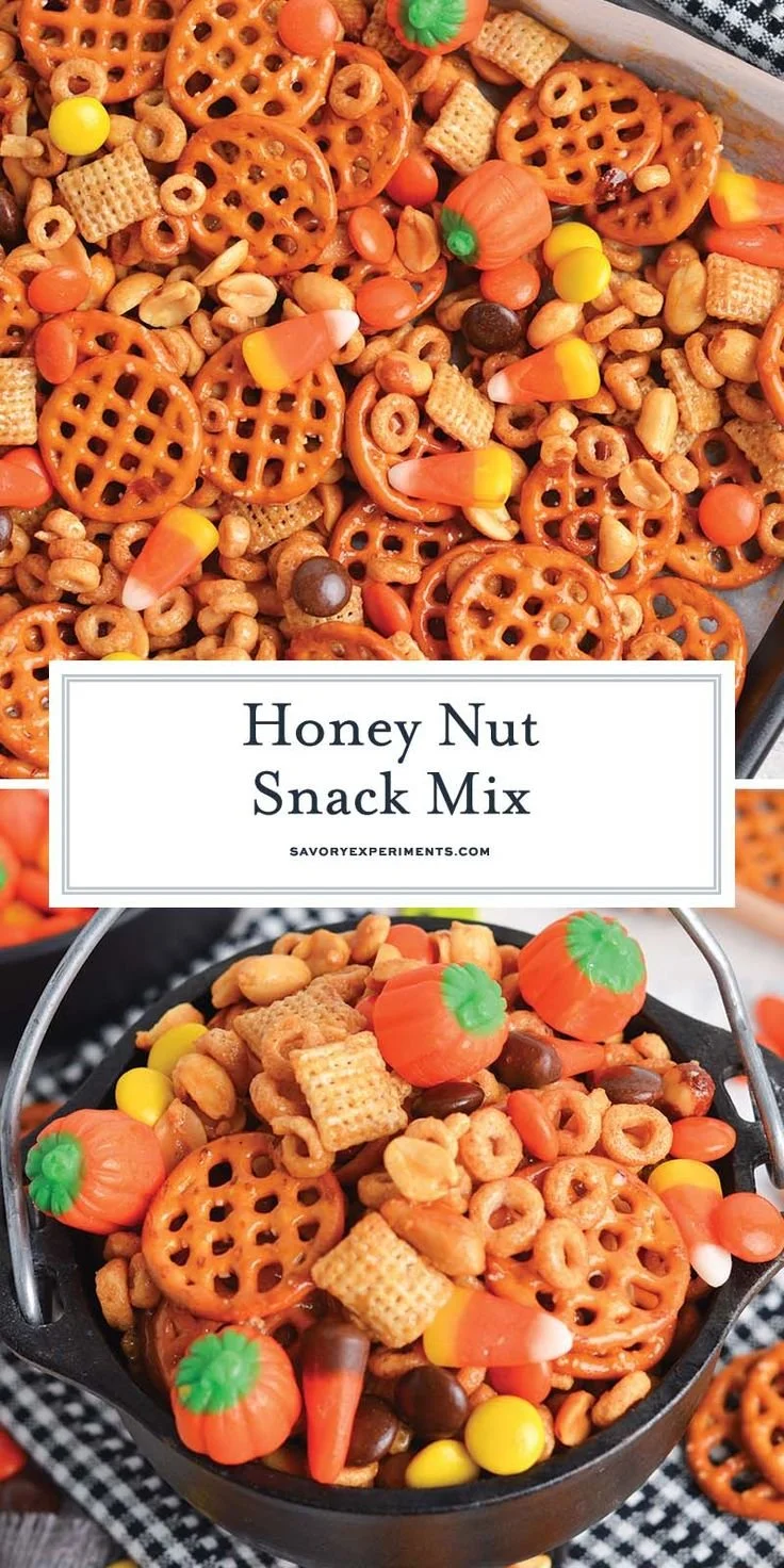 Bowl of Honey Nut Halloween Snack Mix with candy and nuts