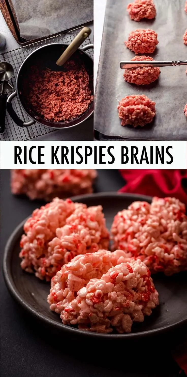 Spooky rice krispie brains Halloween treats on a platter