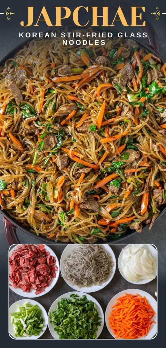Bowl of Japchae with vibrant vegetables and glass noodles, a popular Korean dish.