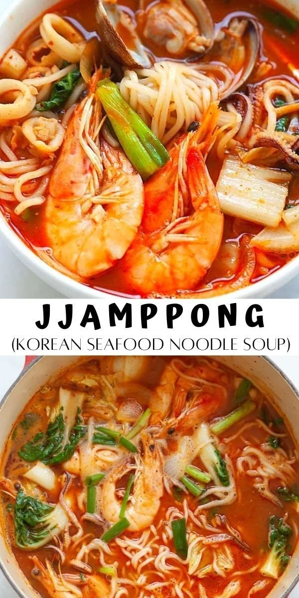 Bowl of jjampong, a spicy Korean seafood noodle soup with chili and fresh seafood.