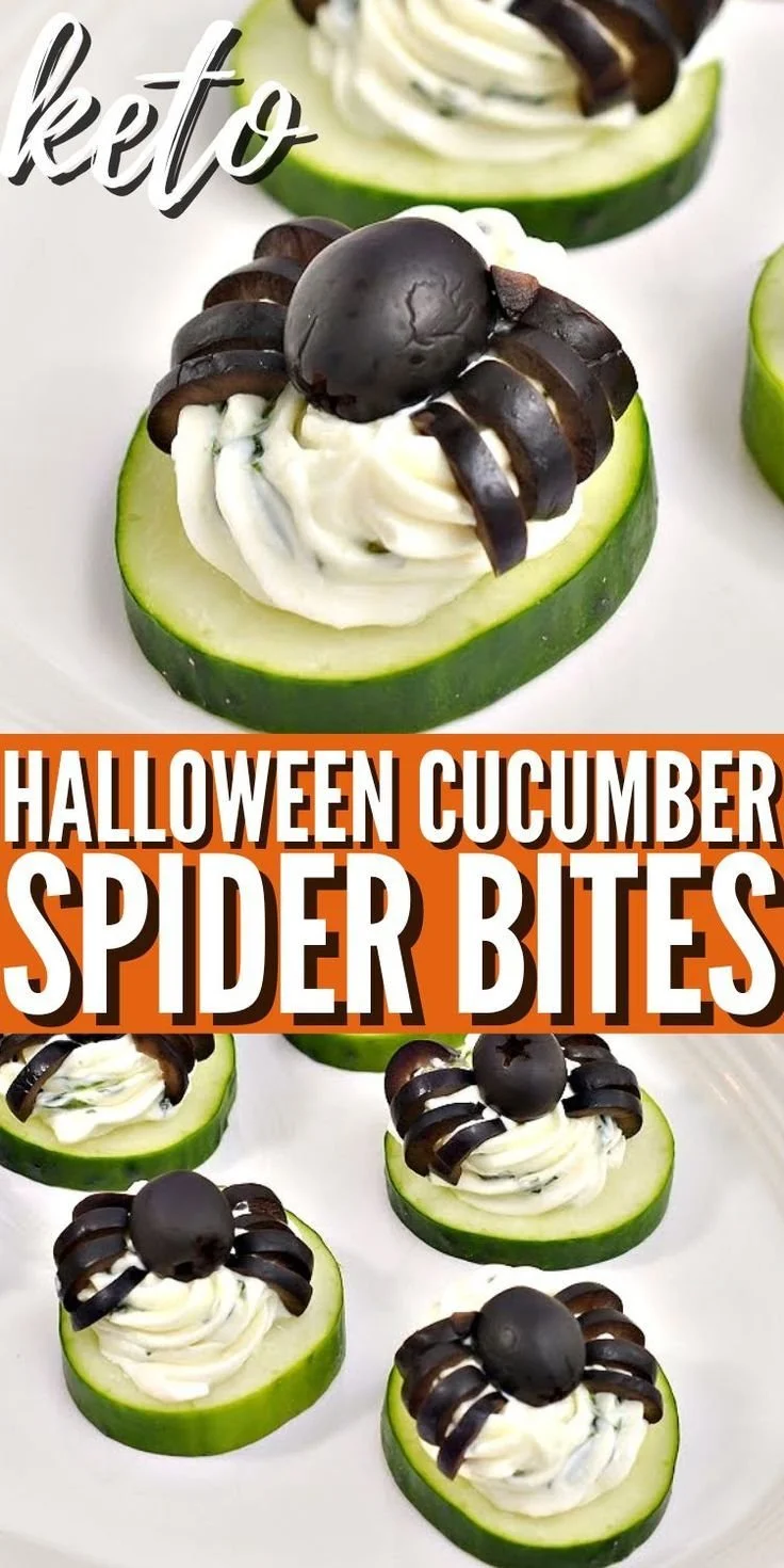 Healthy Keto Halloween Cucumber Spider Bites for festive celebrations