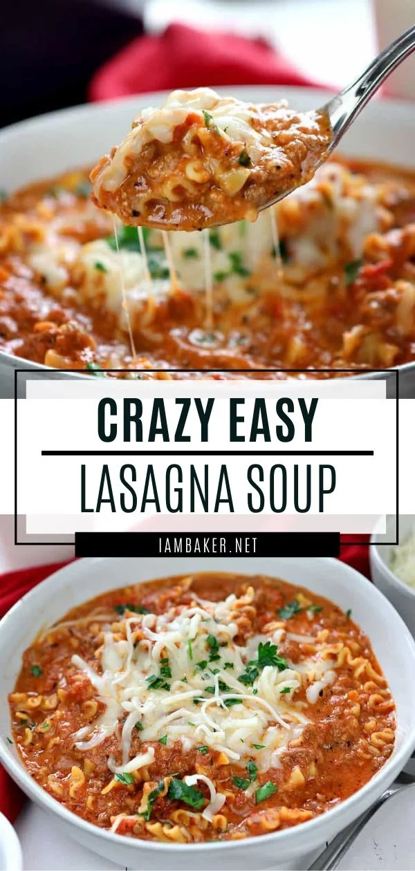 A bowl of delicious Lasagna Soup topped with melted cheese and fresh herbs