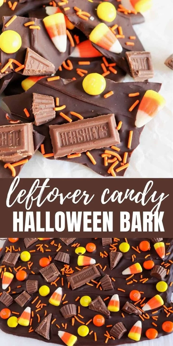 Delicious Halloween candy bark made with leftover candy.