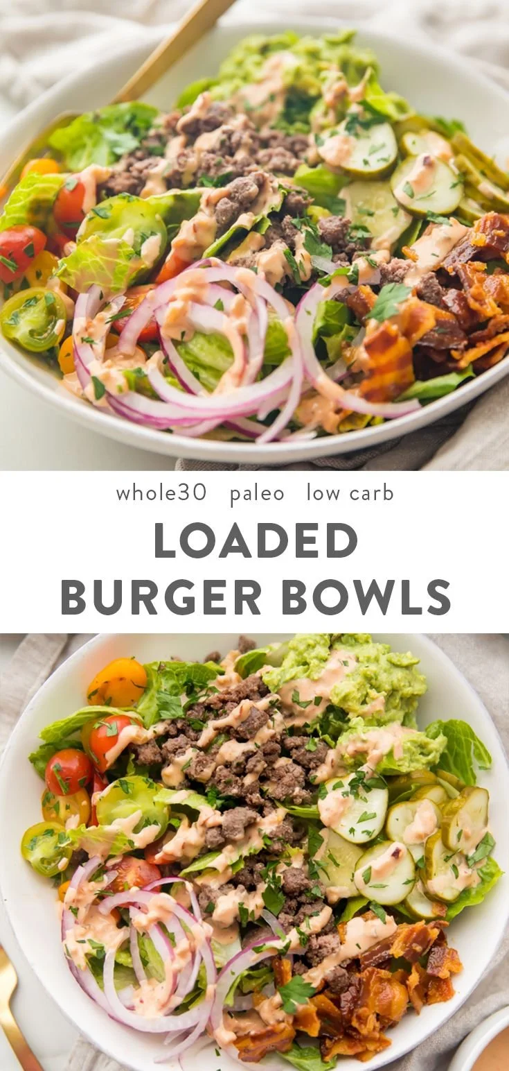 Delicious loaded burger bowls with pickles and bacon, ideal for Whole30 and Paleo diets.