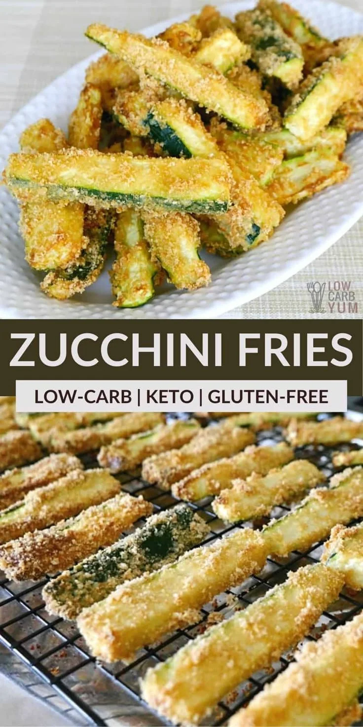 Crispy low carb zucchini fries served as a healthy snack