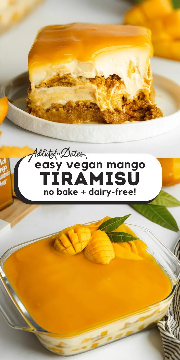 Delicious eggless dairy-free mango tiramisu dessert served in a glass