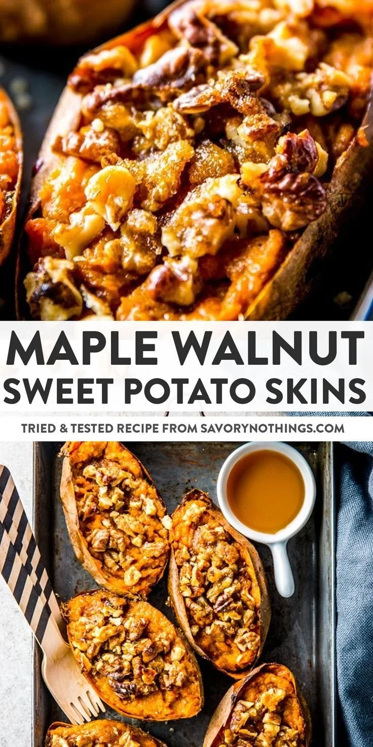 Maple Walnut Sweet Potato Skins topped with nuts and maple syrup