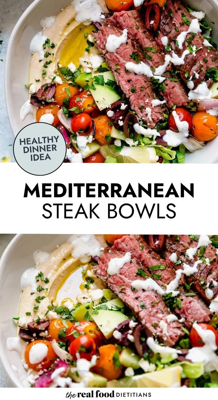 Delicious Mediterranean steak bowls with fresh vegetables and zesty flavors.