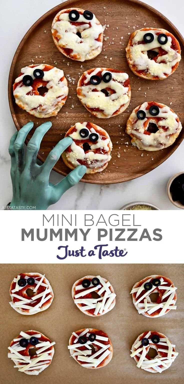 Mini Bagel Mummy Pizzas perfect for Halloween snacks