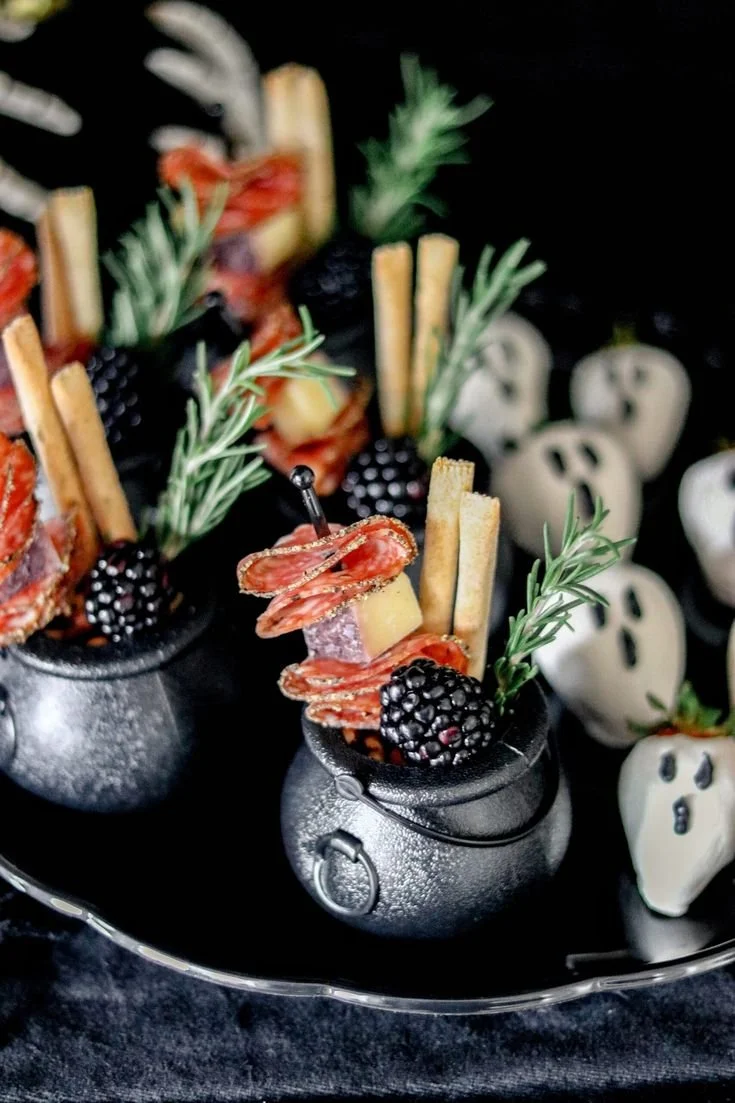 Mini charcuterie cauldrons for Halloween party snacks