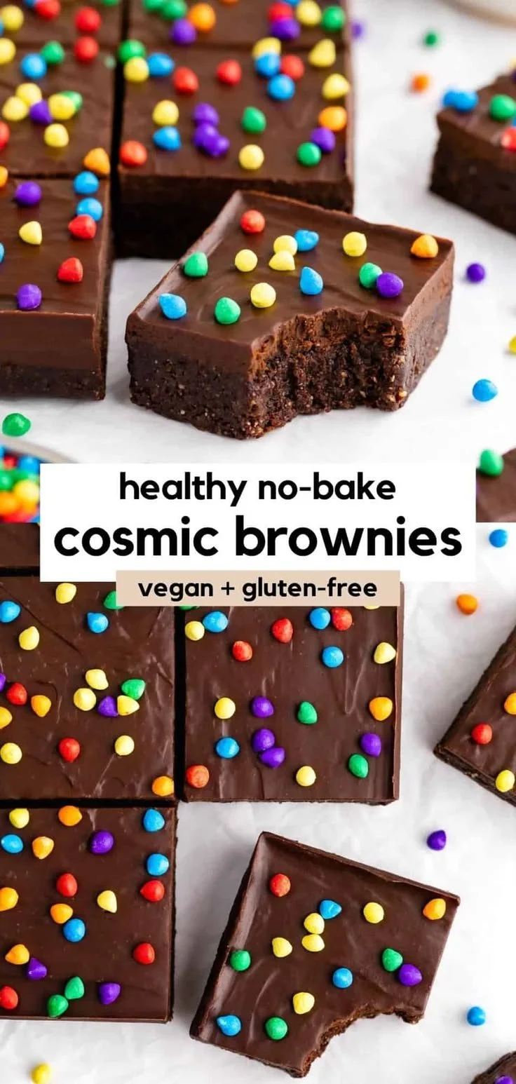Delicious no-bake vegan cosmic brownies topped with colorful sprinkles